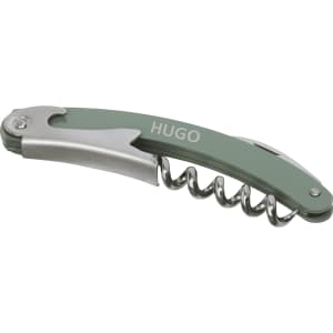 A green waitress knife featuring a corkscrew and a bottle opener, with a metallic stainless steel lever.