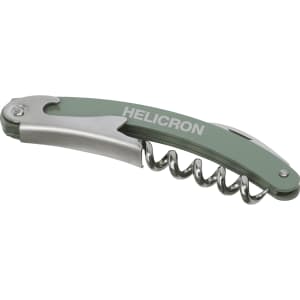 A green waitress knife with a corkscrew and a silver metal blade. It features a logo on the handle.