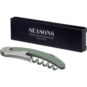 A green and silver waitress knife with a corkscrew, presented in a black box featuring a logo.