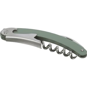 A green waitress knife with a stainless steel corkscrew and a lever for opening bottles. It has a sleek design and a brand logo.