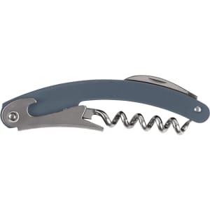 A grey waitress knife featuring a corkscrew and bottle opener, with a sleek metal design.