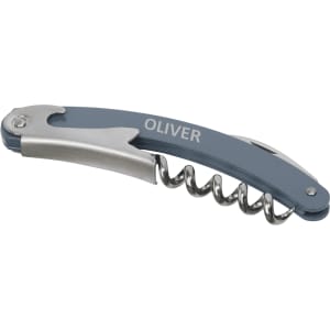 A grey and silver waitress knife featuring a corkscrew and a knife blade, with a logo on the handle.