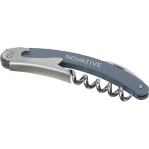 A blue waitress knife featuring a silver corkscrew and a clip, with a logo on one side.