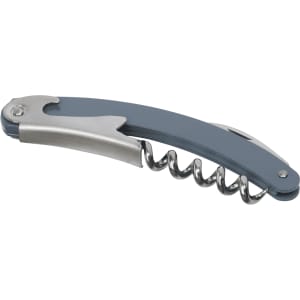 A grey waitress knife with a corkscrew and a stainless steel blade. It features a logo on the handle.