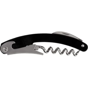 A black and silver waitress knife with a corkscrew, bottle opener, and a small blade. It features a logo.