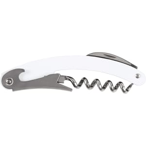 A waitress knife featuring a white handle and stainless steel corkscrew, with an integrated bottle opener.