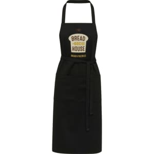 A black apron featuring a logo, made from 240 g/m² Aware Recycled material, designed for workwear use.