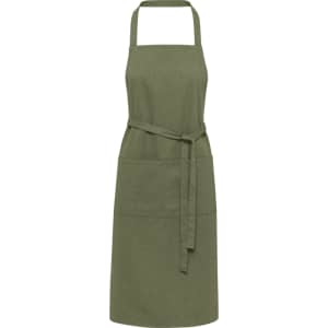 A green apron with a tie belt and two front pockets. The material is heavy and made from recycled fibres.