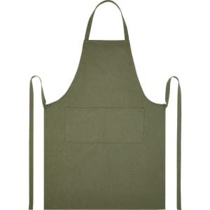 An olive green apron made from recycled fabric, featuring a front pocket and ties at the waist.
