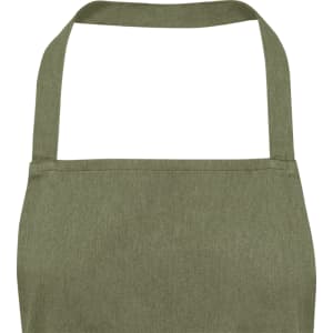 An olive green apron with a simple design and a logo at the top.
