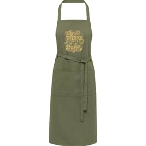 An olive green apron made from 240 g/m² recycled material, featuring a design and a waist tie. It has a logo.