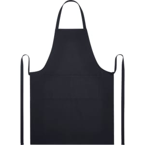 A black apron made from 240 g/m² recycled material, featuring a front pocket and adjustable ties.