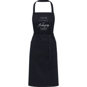 A black apron featuring a front pocket and a logo, made from 240 g/m² recycled material.