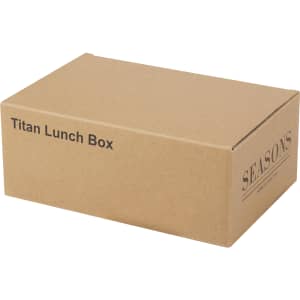 A recycled cardboard box containing a stainless steel lunch box in a natural brown colour, featuring branding.