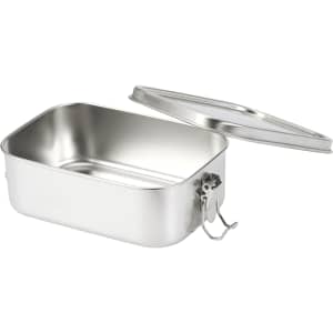 A stainless steel lunch box with a silver finish, featuring a hinged lid and a clasp closure.