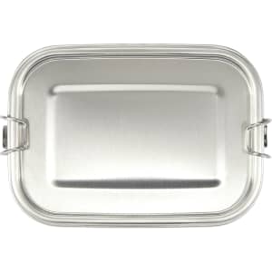 A stainless steel lunch box with a smooth, polished surface and a secure clip closure, featuring a logo.
