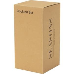 A kraft box containing a cocktail set, featuring the word "Seasons" on the side and a logo.