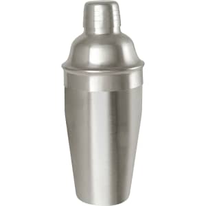 A stainless steel cocktail shaker with a sleek, metallic finish and a secured top, featuring a logo.