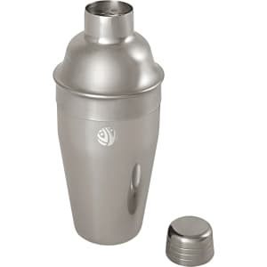 A stainless steel cocktail shaker in a silver finish, with a logo and a removable cap.