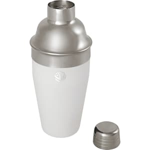 A stainless steel cocktail shaker featuring a white body and a silver lid, with a logo visible on the surface.