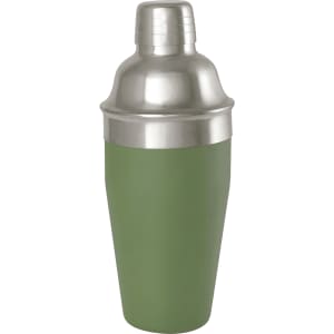 A stainless steel cocktail shaker with a matte green base and shiny silver top, featuring a logo.