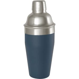 A stainless steel cocktail shaker with a matte navy blue finish and a shiny silver top. It has a logo on the side.