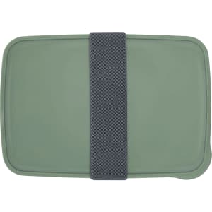 A green lunch box with a grey elastic strap, featuring a sleek, rectangular design and a minimalist style.