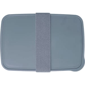 A lunch box in a solid grey colour with a textured grey band securing the lid, featuring a simple design.