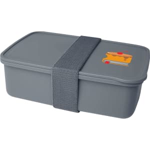 A grey lunch box with a lid secured by a grey strap, featuring a simple illustration on top.