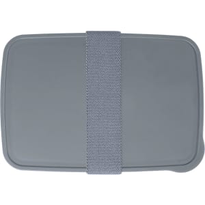 A grey lunch box with a strap on top, featuring a simple design and a smooth finish. It has a logo.