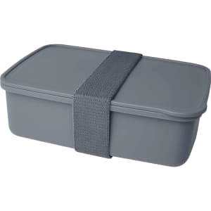 A grey lunch box with a sturdy strap, featuring a rectangular shape and a secure lid. It includes a logo.