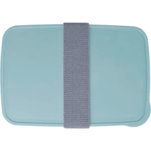 A teal lunch box with a grey strap, featuring a smooth surface and rounded edges. It includes a logo.