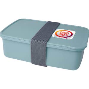 A lunch box in a muted blue colour, featuring a grey strap and a small logo on the lid.