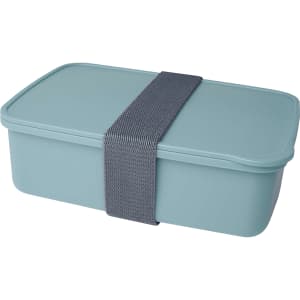 A lunch box in a soft blue colour, featuring a grey elastic band for secure closure and a simple design.