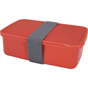 A red lunch box with a grey strap, featuring a rectangular shape and a solid lid. It has a branding logo.