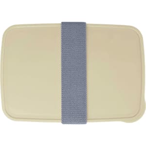 A cream-coloured lunch box with a denim-style elastic band. The design features a simple, rectangular shape and a logo.