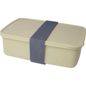 A beige lunch box with a grey band. It features a rectangular design and a lid. Includes a logo.