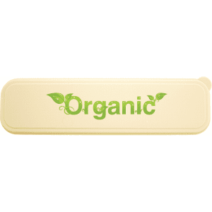 A rectangular cream-coloured container features the word "Organic" in green with leaf accents. It has a logo.
