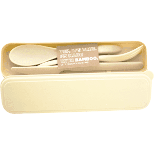 A bamboo fibre cutlery set in a cream-coloured case, including a spoon, fork, and knife. It features a logo.