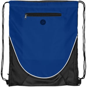 A blue and black drawstring backpack featuring a zippered front pocket and a logo.