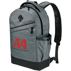 A grey and black laptop backpack with a logo, featuring adjustable straps and side pockets.