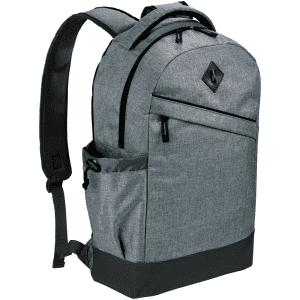 A grey laptop backpack with multiple compartments, padded straps, and a side pocket. Features a logo.