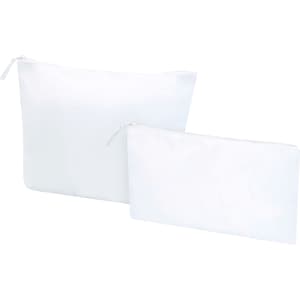 A set of two white, zippered toiletry bags of different sizes, featuring a logo.