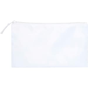 A white toiletry bag with a zipper closure, featuring a simple design and a branding logo.