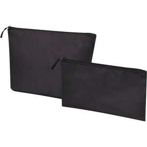 A black recycled toiletry bag set featuring a large and a small zippered pouch. Both bags have a logo.