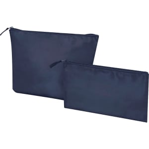 A navy blue toiletry bag set featuring two zipped pouches of different sizes, both with a simple design.