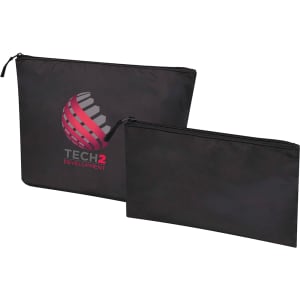 A set of two black toiletry bags with zippers, featuring a logo on the larger bag.