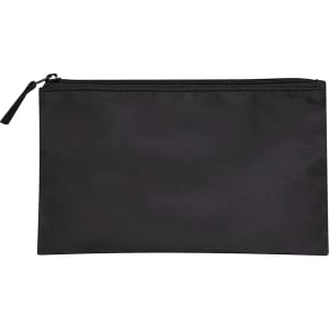 A black toiletry bag with a zip closure. It features a simple design and has a logo on it.