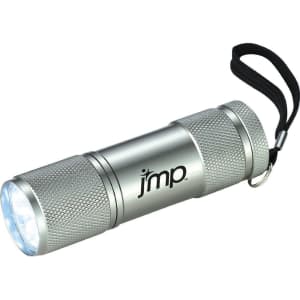A silver LED flashlight with a textured grip and a wrist strap, featuring a logo on its body.
