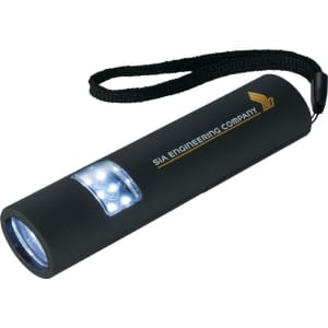 A black magnetic LED flashlight with a keyring attachment and a logo, featuring bright white lights.